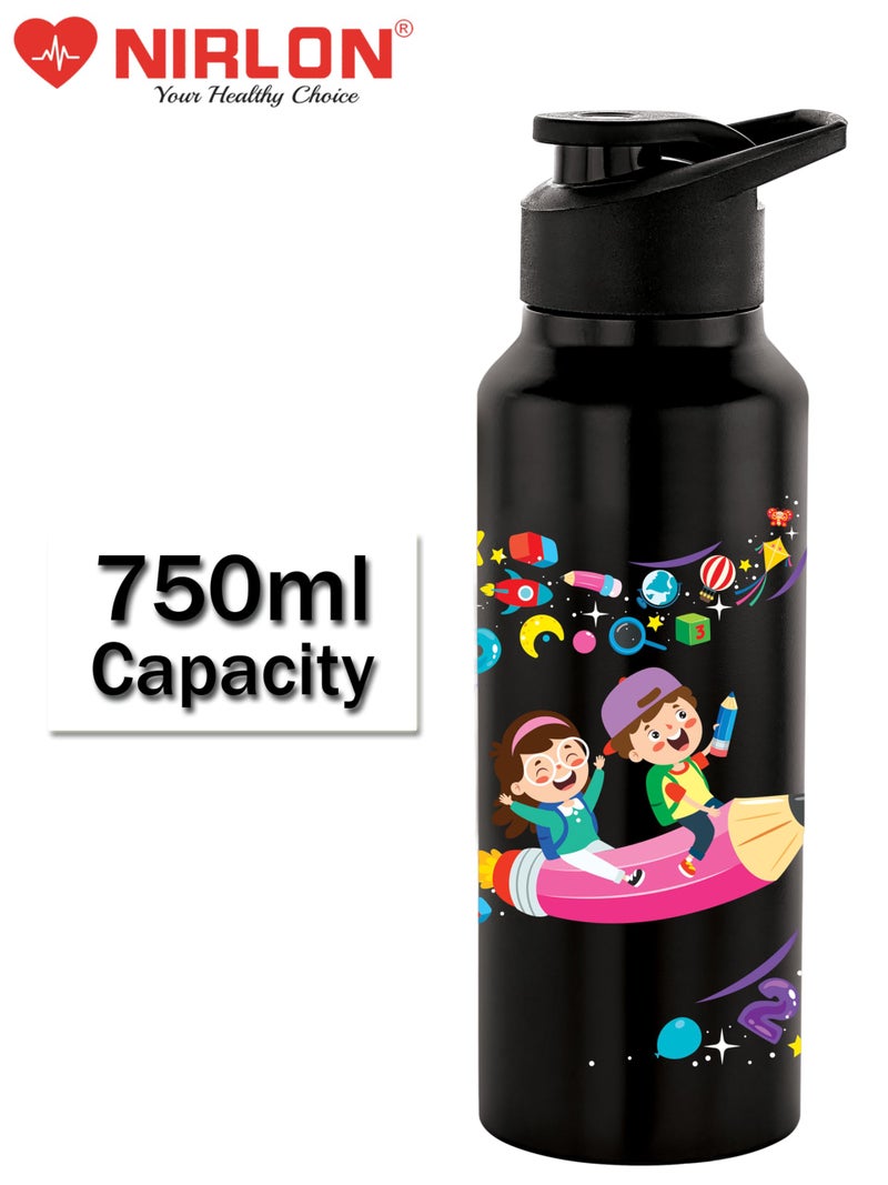 NIRLON Stainless Steel Single Walled Water Bottle 750ml, Water Bottles For Fridge, School,Gym,Home,office,Boys, Girls, Kids, Leak Proof (UV Printed Bottle, Space Study, Sipper Cap) - Image 2