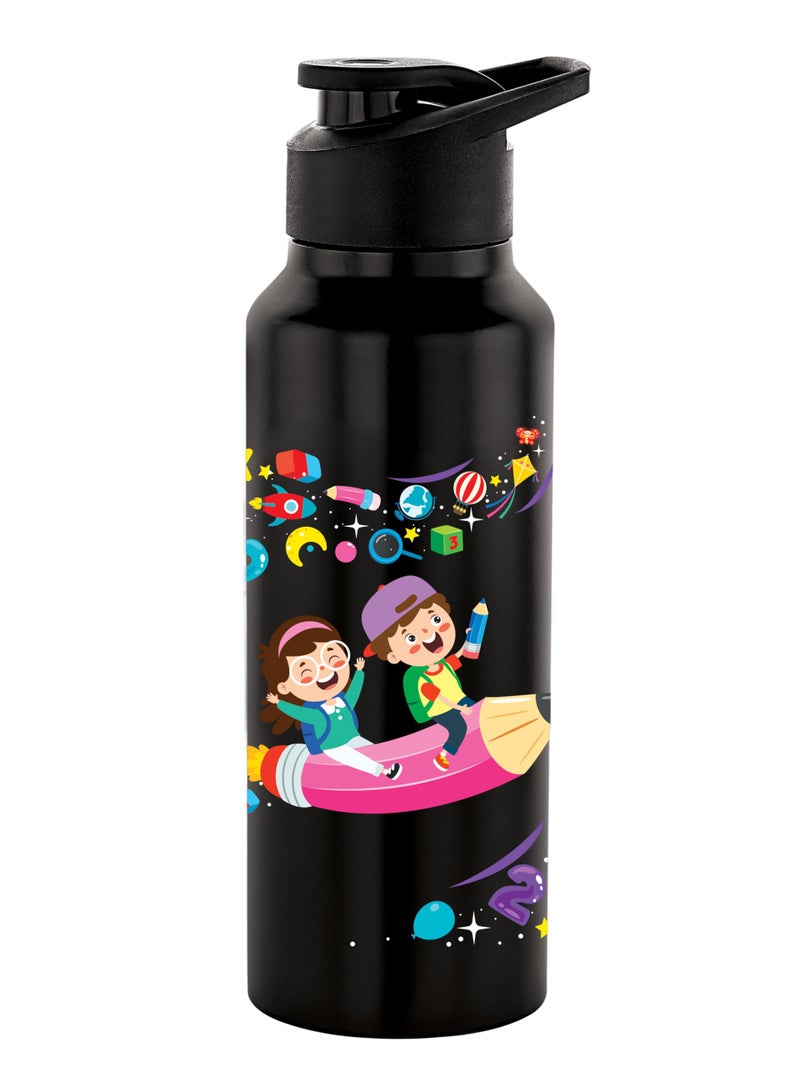 NIRLON Stainless Steel Single Walled Water Bottle 750ml, Water Bottles For Fridge, School,Gym,Home,office,Boys, Girls, Kids, Leak Proof (UV Printed Bottle, Space Study, Sipper Cap) - Image 1