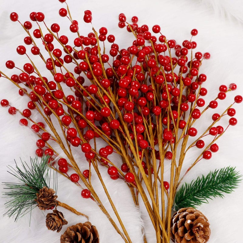 DRDUDU 12 Red Holly Berry Stem Picks Decorative Wire Stem Branch Sprays for Christmas Tree Decoration Holiday Decor Silk Flower Arrangements Home DIY Crafts