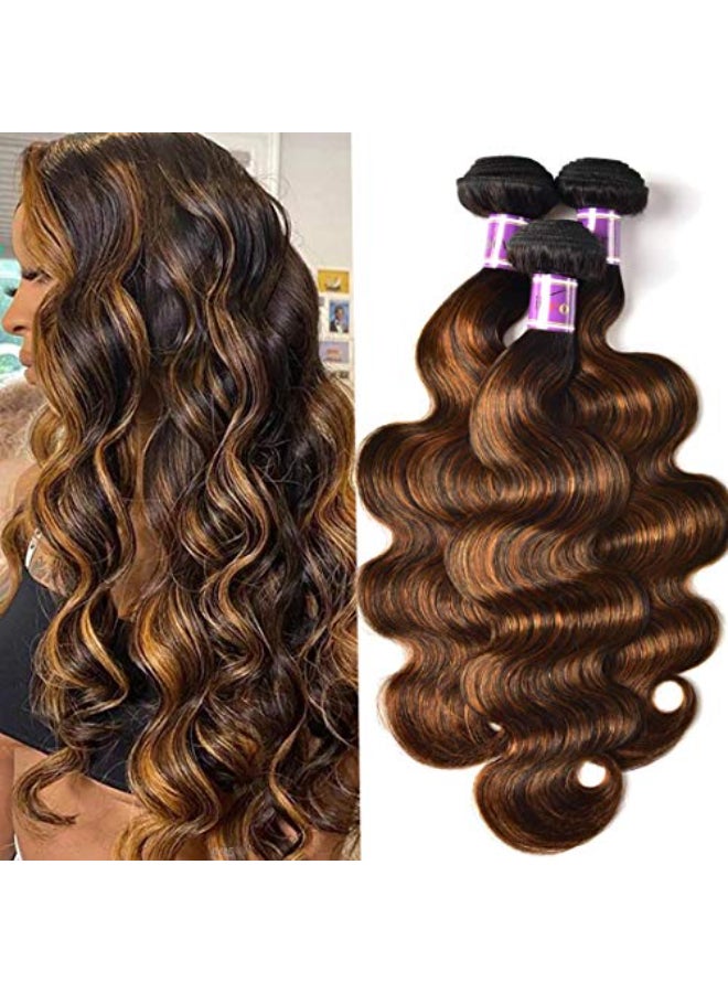 UNICE Brown Highlight Body Wave Human Hair Weave 3 Bundles 14 14 16 inches Brazilian Remy Hair Ombre Blonde Human Hair Wavy Weaves Sew in FB30 Piano Color - Image 1