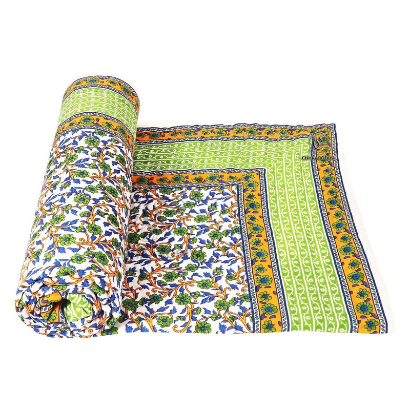Lilfly Rajasthani Light Weight Single Bed Soft Jaipuri AC Quilt/Razai Designer Reversible Both Side use Green jaal Flower with Boarder Cotton Quilts (Size 55X85 inch) TDS-18