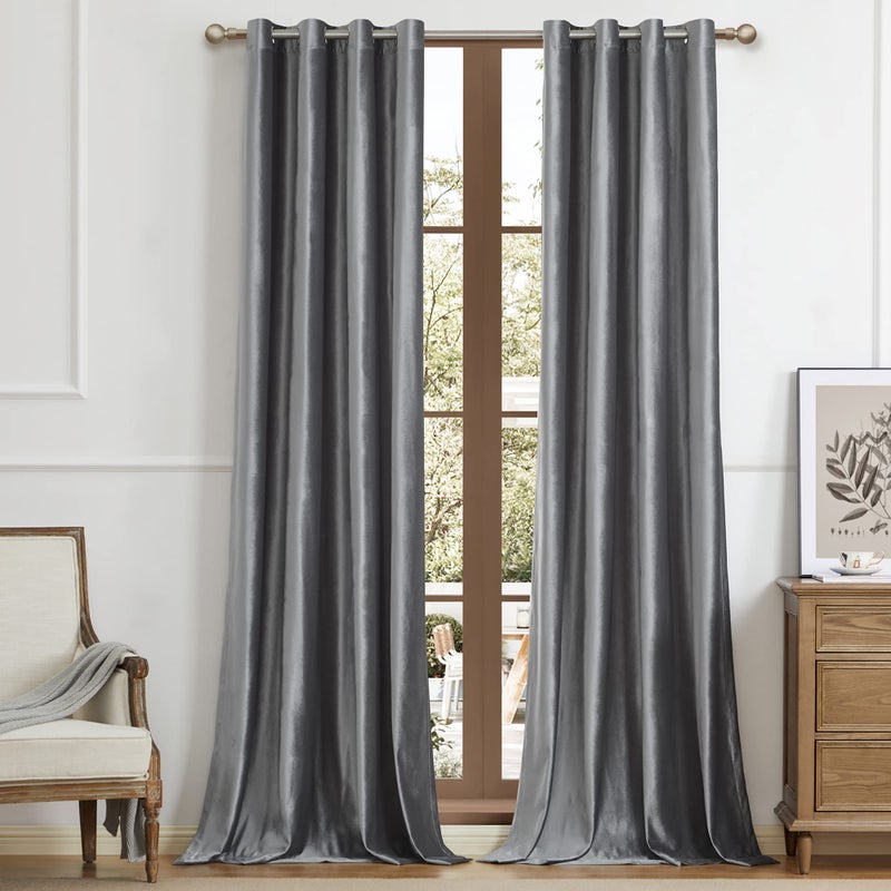 BULBUL Dark Grey Velvet Curtains 84 inches Luxury Elegant Living Room Curtain Blackout Modern Thermal Insulated Soundproof Privacy Room Darkening Soft Drapes for Classical Bedroom Set of 2 - Image 1