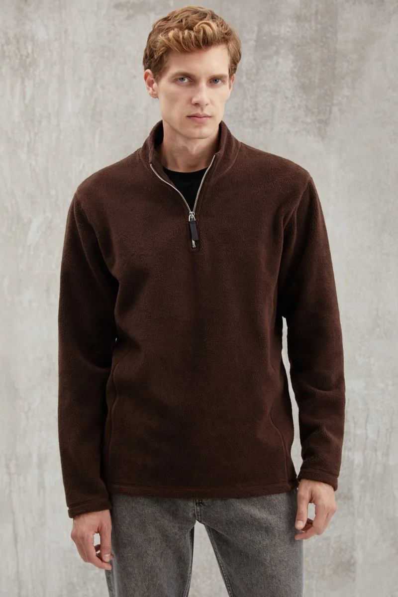 GRIMELANGE Hayes Men's Fleece Half Zipper Leather Accessory Thick Texture Comfort Fit Bitter Coffee Fleece