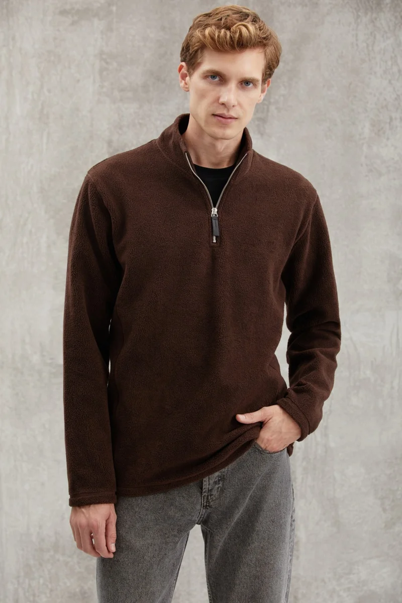 GRIMELANGE Hayes Men's Fleece Half Zipper Leather Accessory Thick Texture Comfort Fit Bitter Coffee Fleece