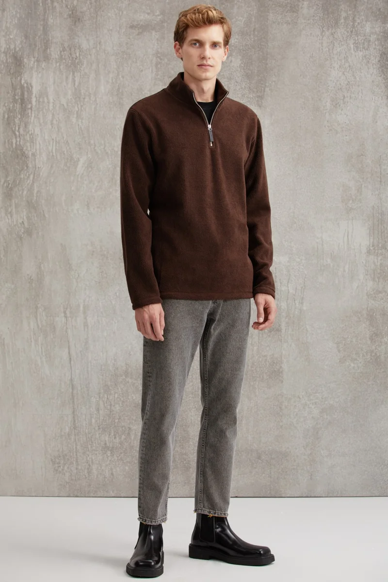 GRIMELANGE Hayes Men's Fleece Half Zipper Leather Accessory Thick Texture Comfort Fit Bitter Coffee Fleece