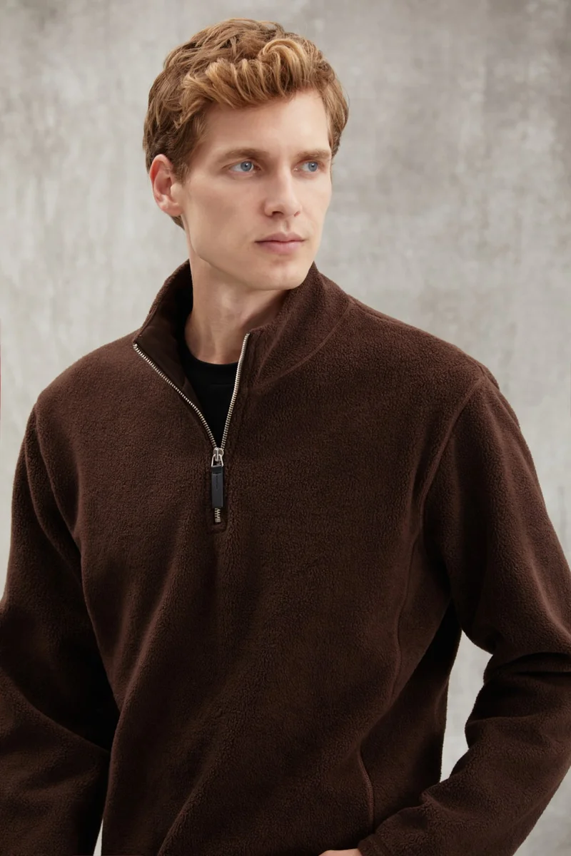 GRIMELANGE Hayes Men's Fleece Half Zipper Leather Accessory Thick Texture Comfort Fit Bitter Coffee Fleece