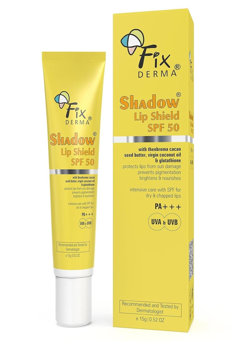 FIXDERMA FIXDERMA Shadow SPF 50 Lip Shield PA+++ Lip Balm SPF 50 With Theobroma Cacao Seed Butter,Virgin Coconut Oil & Glutathione Prevents Pigmentation & Sun Damage Sun Protector UVA & UVB-15gm,Yellow  - Image 1