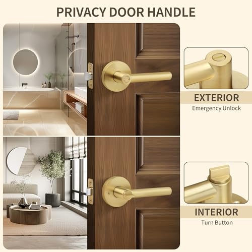 Moquin Brushed Gold Heavy Duty Round Design Door Lever, Keyless Privacy Door Handle in Gold, Reversible Door Lock for Bathroom Bedroom Door, Satin Brass Finish - Image 4