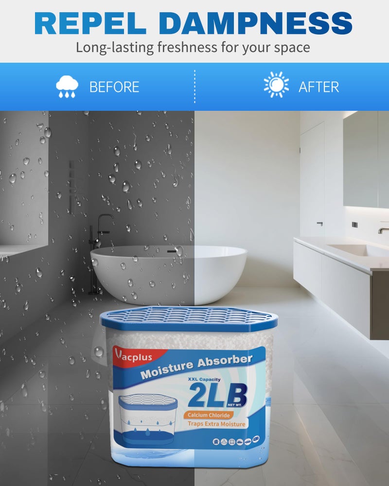 Vacplus Moisture Absorber Buckets â€“ Large Capacity Dehumidifier and Humidity Absorber for Closet, Basement, Bathroom, RV, and Storage Areas, Unscented, 2 lbs, 4 Pack - Image 3