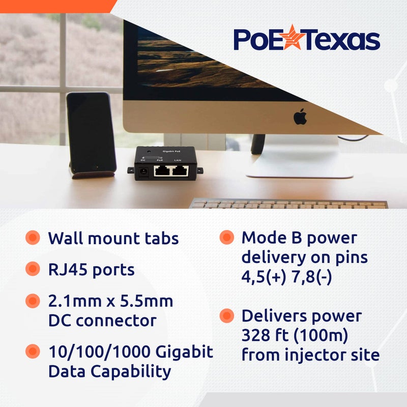 PoE Texas محول الطاقة عبر الإيثرنت من بوي تكساس - محول بورت واحد للطاقة عبر الإيثرنت السلبية - بيانات جيجابت 10/100/1000 تقبل 12 فولت إلى 56 فولت تيار مستمر - توصيل وتشغيل لهاتف VoIP في المنزل ومكتب واي فاي - مزود الطاقة غير مشمول - Image 3
