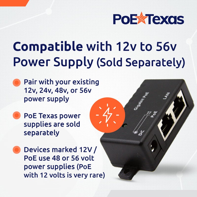 PoE Texas محول الطاقة عبر الإيثرنت من بوي تكساس - محول بورت واحد للطاقة عبر الإيثرنت السلبية - بيانات جيجابت 10/100/1000 تقبل 12 فولت إلى 56 فولت تيار مستمر - توصيل وتشغيل لهاتف VoIP في المنزل ومكتب واي فاي - مزود الطاقة غير مشمول - Image 5