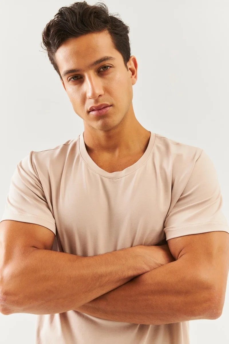 بوتيكجيز Light Brown Oversize Comfortable Cotton Combed Crew Neck Short Sleeve Basic T-Shirt Classic Collection