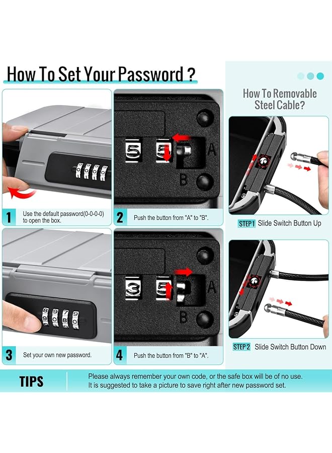 إيروريكس صندوق أمان محمول مزود بمجموعة رموز أمان وصندوق قفل مقاوم للماء مع حبل سلكي قابل للإزالة وصندوق أمان آمن للفنادق والسفر والسباحة والشاطئ 23.5*14*6 سم - Image 3