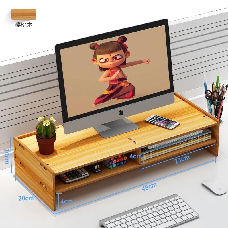 Adjustable Dual Monitor Stand with Storage Organizer, Wooden Desktop Riser for Monitors, Bamboo Corner Desk, Ergonomic Computer Riser with Pen Holder and Organizer (Monitor Stand 3 Box Simple)