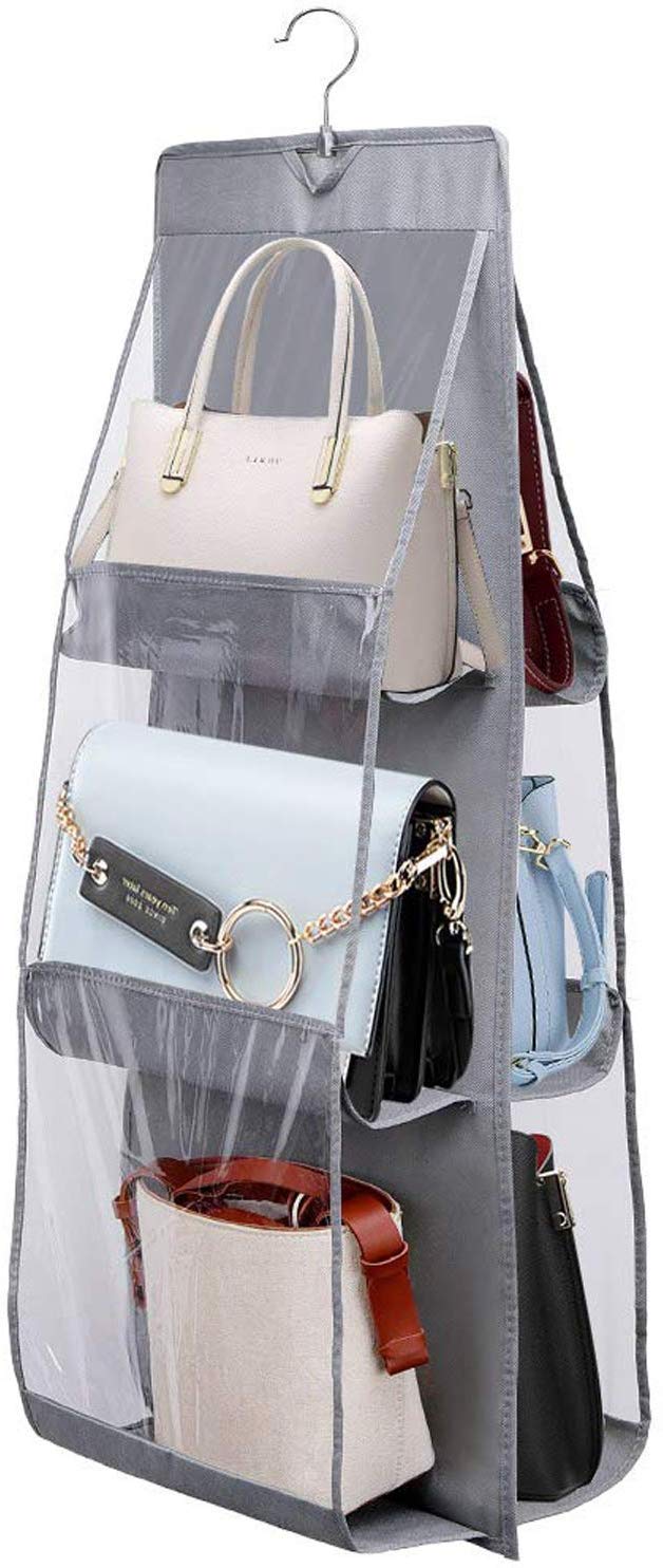 Everbuy® 6 Pocket Foldable Hanging Purse Handbag Organizer for Storage Ladies Women Large Clear Hand Bag Storage Organizer-(Grey,PVC) - Image 1