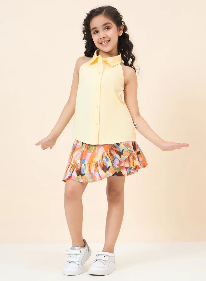 ستايلو بج Girls Solid Shirt and Geo Print Skorts Set