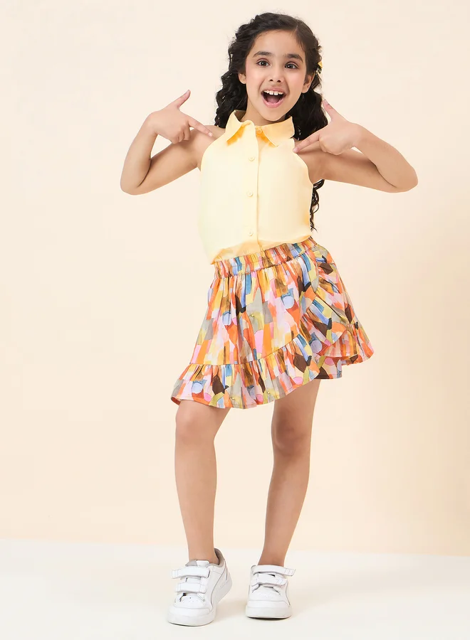 ستايلو بج Girls Solid Shirt and Geo Print Skorts Set