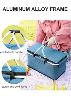 joyzzz Insulated Picnic Basket Collapsible Picnic Bag Grocery Basket Portable Cooler Basket Large Picnic Tote for Camping Travel Picnic Family Outdoor Party in Spring Summer, Dark Blue, 1 Pcs  - Image 3