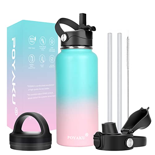 POYAKU Water Bottle Insulated 32oz 40oz 64oz 128oz Straw Lid Spout Lid & 3 Lids, Leak Proof, Vacuum Insulated,Stainless Steel Water Bottle Wide Mouth for Sports, Gym or Office (Bubble Gum, 32 oz) - Image 1