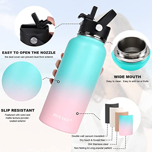 POYAKU Water Bottle Insulated 32oz 40oz 64oz 128oz Straw Lid Spout Lid & 3 Lids, Leak Proof, Vacuum Insulated,Stainless Steel Water Bottle Wide Mouth for Sports, Gym or Office (Bubble Gum, 32 oz) - Image 4