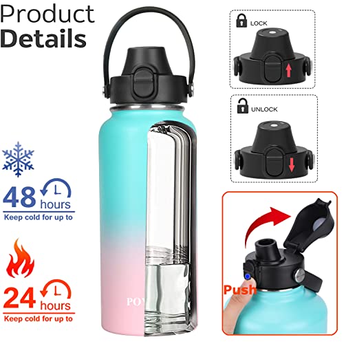 POYAKU Water Bottle Insulated 32oz 40oz 64oz 128oz Straw Lid Spout Lid & 3 Lids, Leak Proof, Vacuum Insulated,Stainless Steel Water Bottle Wide Mouth for Sports, Gym or Office (Bubble Gum, 32 oz) - Image 3