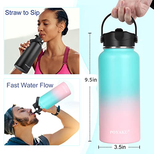 POYAKU Water Bottle Insulated 32oz 40oz 64oz 128oz Straw Lid Spout Lid & 3 Lids, Leak Proof, Vacuum Insulated,Stainless Steel Water Bottle Wide Mouth for Sports, Gym or Office (Bubble Gum, 32 oz) - Image 2