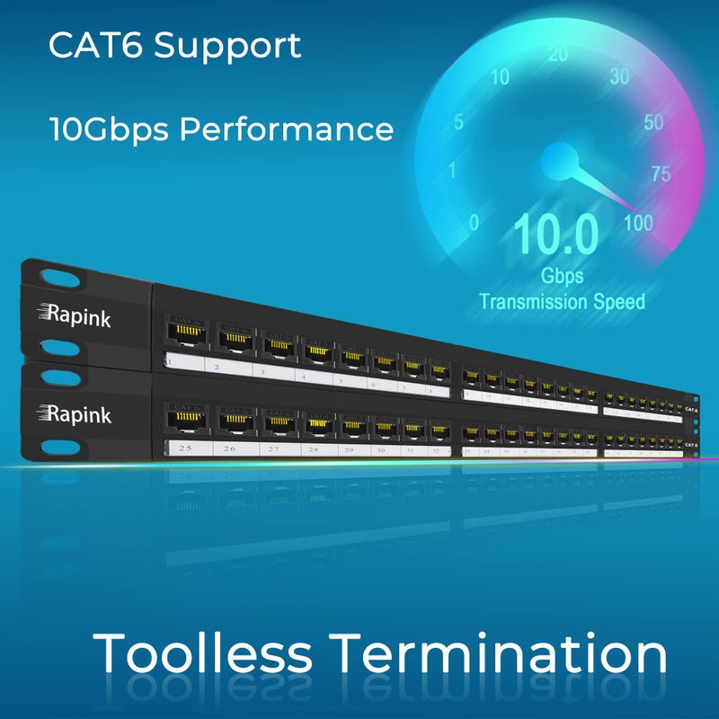 Rapink 48 Port Cat6 Patch Panel with Inline Keystone 10G Support, Pass-Thru Coupler UTP 19-Inch, Removable Back Bar, 1U Network for Cat6, Cat5e, Cat5 Cabling - Image 2