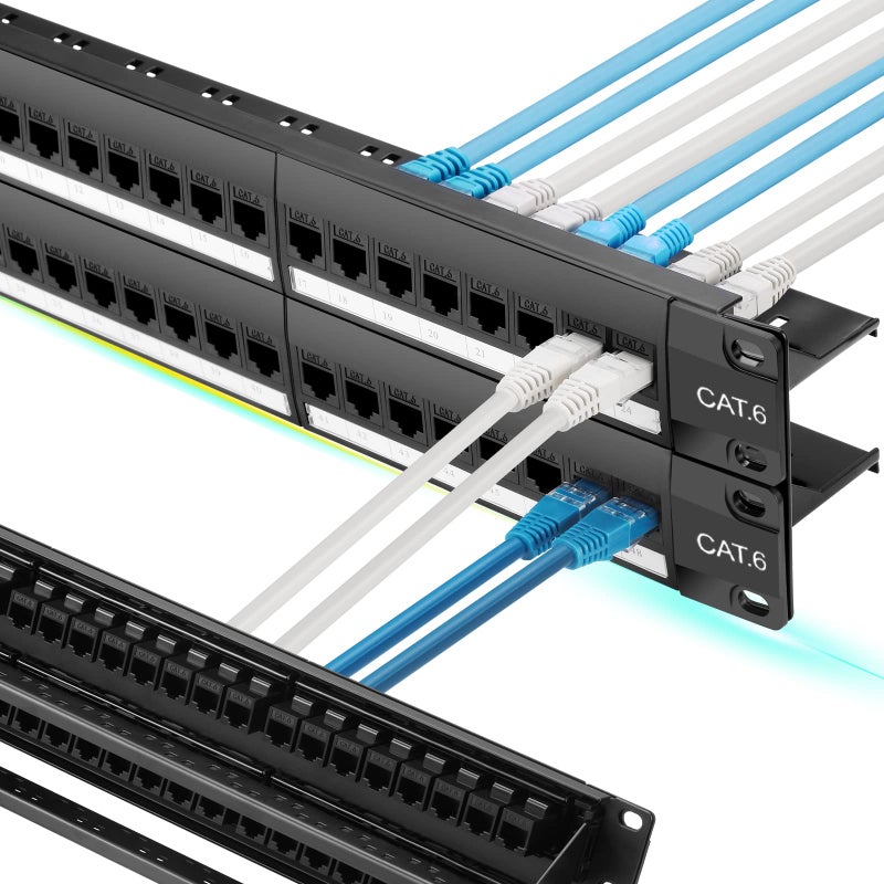 Rapink 48 Port Cat6 Patch Panel with Inline Keystone 10G Support, Pass-Thru Coupler UTP 19-Inch, Removable Back Bar, 1U Network for Cat6, Cat5e, Cat5 Cabling - Image 1