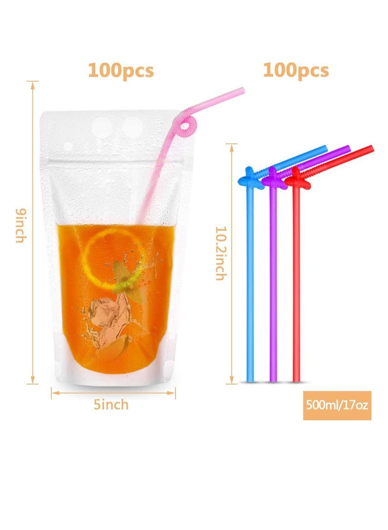 NIBEMINENT HassanOuld 100 pcs Disposable Drink Container Set - Reclosable Zipper Plastic Pouches Bags Drinking with Colorful Straws (Transparent)  - Image 2