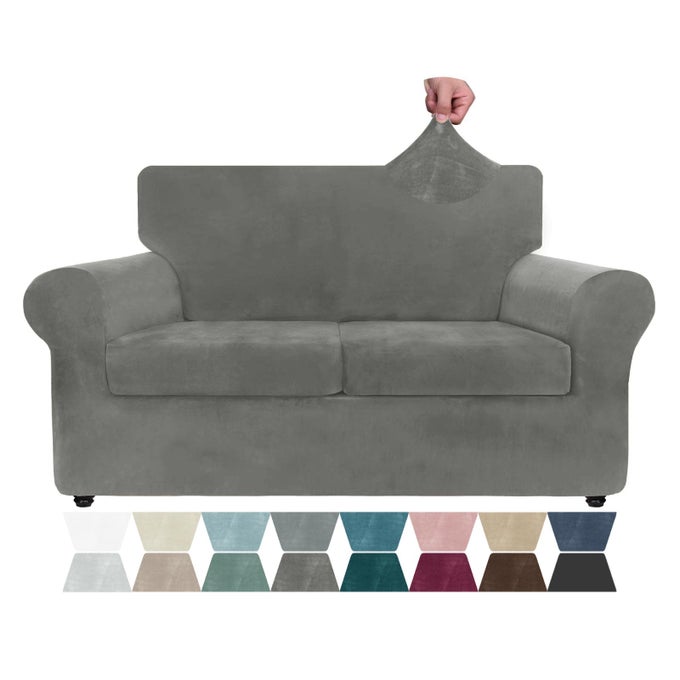 LUXURY VELVET SOFA COVER 3 PIECE 5770 STRETCH LOVESEAT COVERS FOR 2 CUSHION COUCH THICK SOFT COUCH SLIPCOVER WITH NON SLIP STRAP DOG PET FRIENDLY NICE FURNITURE PROTECTOR GREY