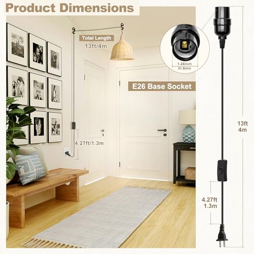 DiCUNO Extension Hanging Lantern Cord Cable, E26 Pendant Light Lamp Socket, On-Off Switch Close to Polarized Plug, 13 Feet, Medium Base for Grow, Plant, Ceiling Lights Fixture, Black, 1 Pack - Image 2
