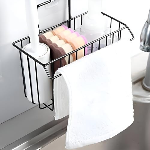 Homeor Wall Mounted Hanging Storage Holder I Shelf for Bathroom Sink Sponge Holder I Toothbrush Holder with Kitchen Towel Rack, Shampoo, Cosmetic Bottle I Bathroom Shower Caddy Basket, Pack of 1 - Image 2