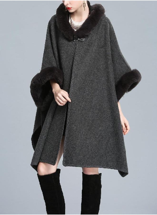 Gihuo Women's Batwing Faux Fur Hooded Cloak Poncho Cape (One Size, Gray)  - Image 2