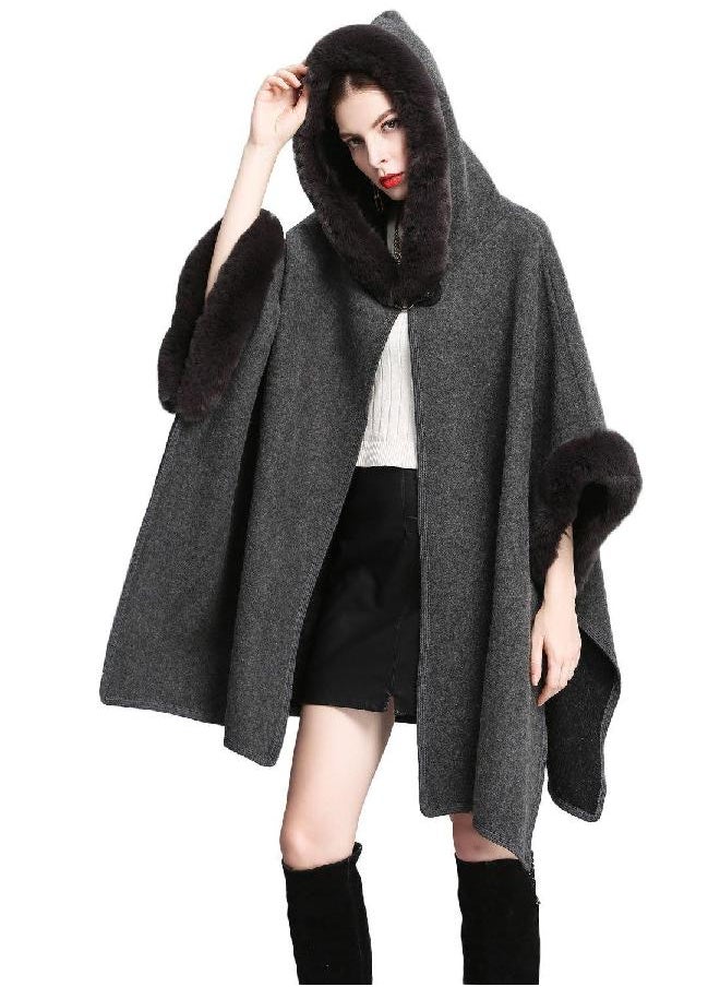 Gihuo Women's Batwing Faux Fur Hooded Cloak Poncho Cape (One Size, Gray)  - Image 1