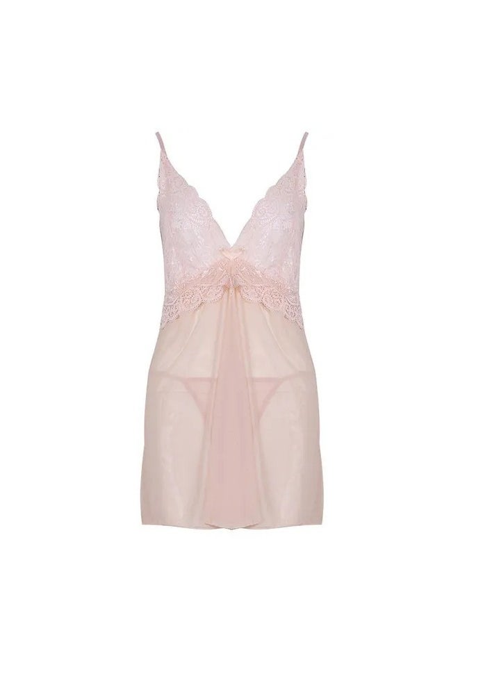 Generic - 1-Set Women's Fashion Deep V-neck Lace Stitching Nightdress,Lingerie Pajama Dress Set,Plus Size Homewear Nightgown,Colour Pink - Image 1