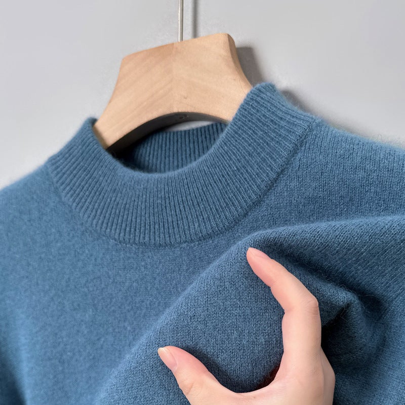 9 colors optional] semi-high collar solid color sweater mens round neck sweater casual fashion base shirt young and middle-aged simple denim blue half high collar