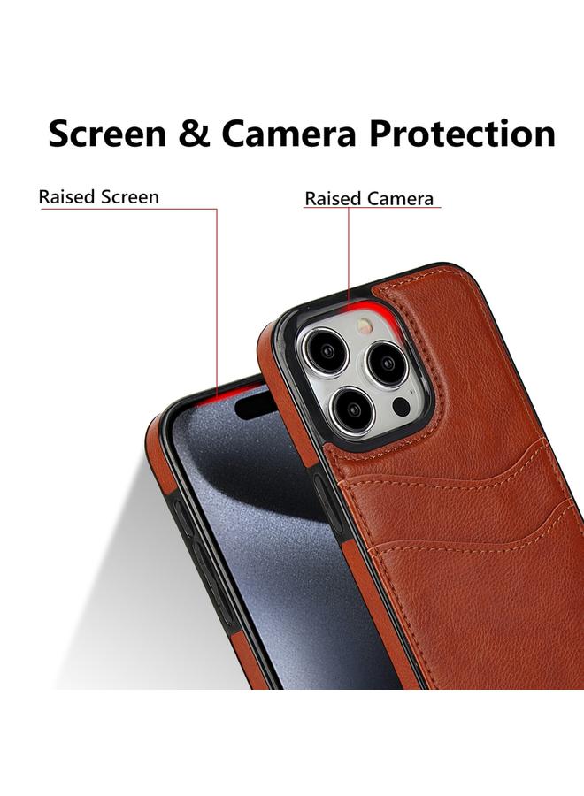 اس-توب جراب لهاتف iPhone 15 Pro مصنوع من جلد الليتشي مع فتحات للبطاقات - Image 5