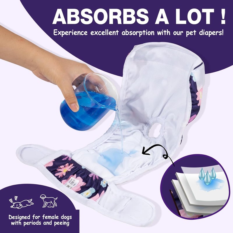 Pet Soft Dog Nappies Female, 3 Pack Dog Period Pants with Leak-proof Waistband, Super Absorbent Washable Dog Diapers for Female Dogs in Heat, Season (Floral, M) - Image 4