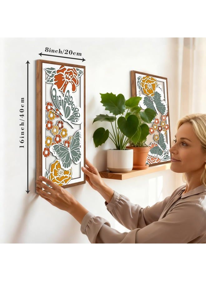 BINCUE Boho Floral Wood Wall Art Butterfly Wooden Artwork Minimalist Butterfly Wall Decor for Living Room Bedroom Bathroom 8x16 Inches Set of 3 - Image 2