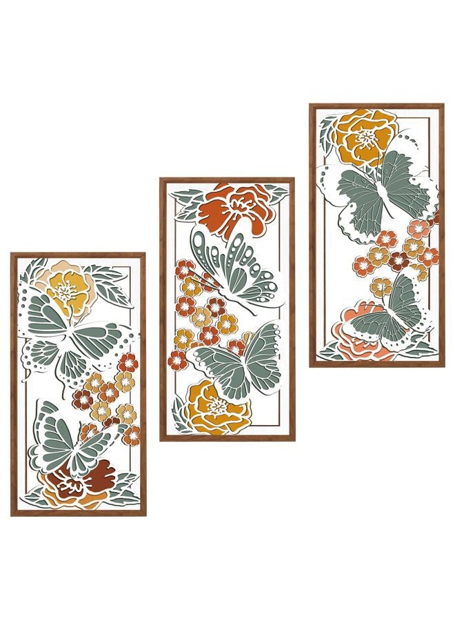BINCUE Boho Floral Wood Wall Art Butterfly Wooden Artwork Minimalist Butterfly Wall Decor for Living Room Bedroom Bathroom 8x16 Inches Set of 3 - Image 1
