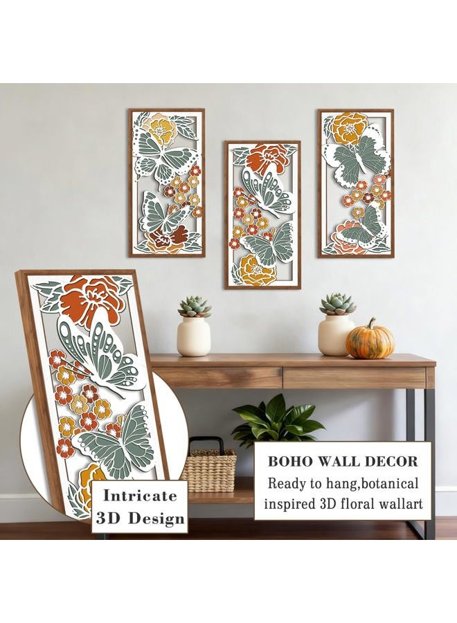 BINCUE Boho Floral Wood Wall Art Butterfly Wooden Artwork Minimalist Butterfly Wall Decor for Living Room Bedroom Bathroom 8x16 Inches Set of 3 - Image 3
