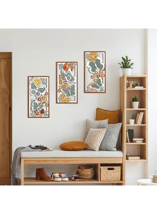 BINCUE Boho Floral Wood Wall Art Butterfly Wooden Artwork Minimalist Butterfly Wall Decor for Living Room Bedroom Bathroom 8x16 Inches Set of 3 - Image 4