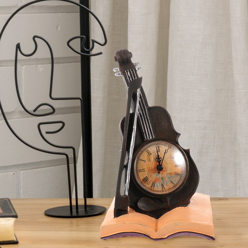 1Pc Vintage Violin Shape Clock Adornment European Style Clock Desktop Ornament - Image 2