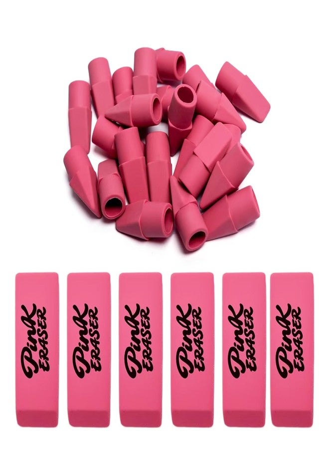 Ouksma 30 Pcs Pink Eraser Bulk Set - 6 Block Erasers and 24 Pencil Top Erasers, Smudge-Free, School Supplies for Students, Teachers, Drawing, Office, Homework Use (Pink) - Image 1