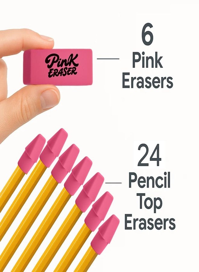 Ouksma 30 Pcs Pink Eraser Bulk Set - 6 Block Erasers and 24 Pencil Top Erasers, Smudge-Free, School Supplies for Students, Teachers, Drawing, Office, Homework Use (Pink) - Image 2
