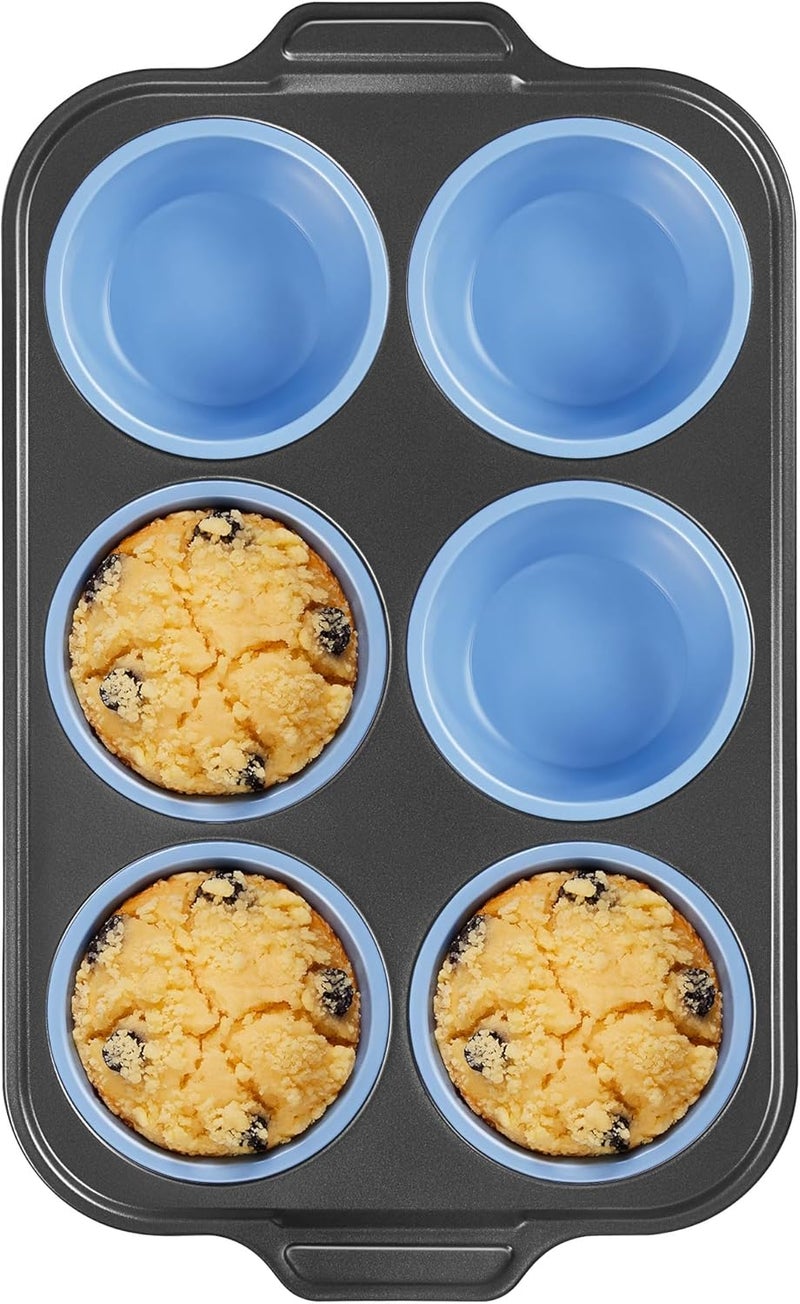 BRONYPRO Jumbo Silicone Muffin Pan with Metal Frame, 3.5" Large Muffin Tins, Non-Toxic Food Grade Silicone, Non-Stick for Egg Bites & Big Cupcakes, Oven Safe, Blue - Image 1