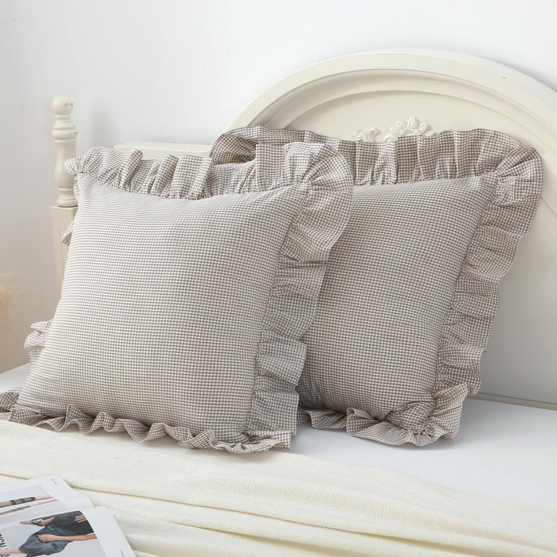 Silnuo Brown/White Ruffle Plaid Throw Pillow Covers Farmhouse Checkered Gingham Pillowcases 18"x18" Pillow Shams for Couch,Sofa,Bed and Living Room - Image 3