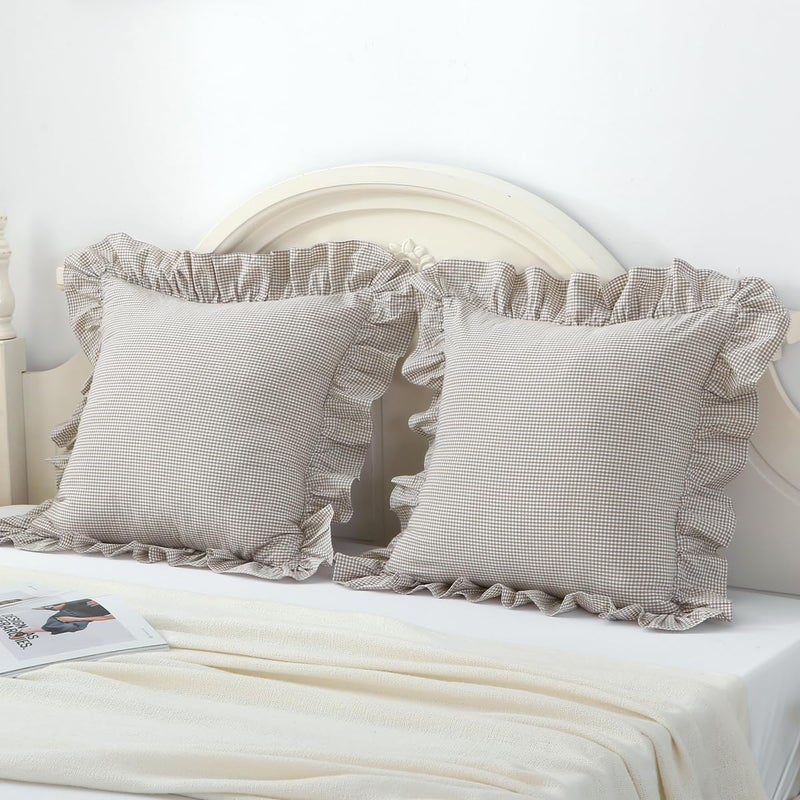 Silnuo Brown/White Ruffle Plaid Throw Pillow Covers Farmhouse Checkered Gingham Pillowcases 18"x18" Pillow Shams for Couch,Sofa,Bed and Living Room - Image 2