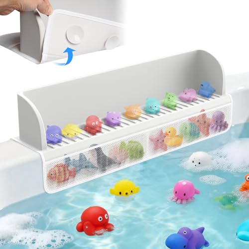 DLUCKY Splash Guard for Bathtub Kids,Toy Tray Caddy Holder Storage,Bath Toy Storage Bag,Guard for Bathtub with Mesh Bathtub Toys Storage,Super Adsorption - Extended Design for Splash Protection,Silicone,Gray - Image 1