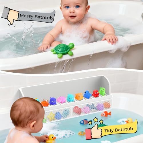 DLUCKY Splash Guard for Bathtub Kids,Toy Tray Caddy Holder Storage,Bath Toy Storage Bag,Guard for Bathtub with Mesh Bathtub Toys Storage,Super Adsorption - Extended Design for Splash Protection,Silicone,Gray - Image 3